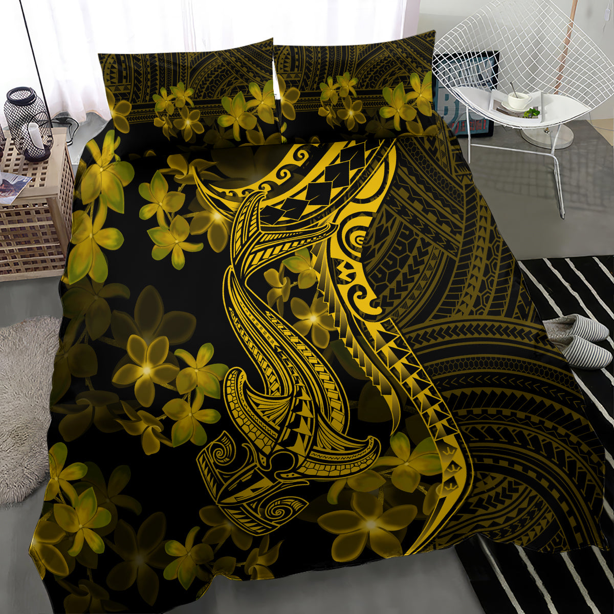 Gold Polynesian shark and flower bedding set, large swirling motif on dark duvet