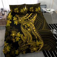Gold Polynesian shark and flower bedding set, large swirling motif on dark duvet