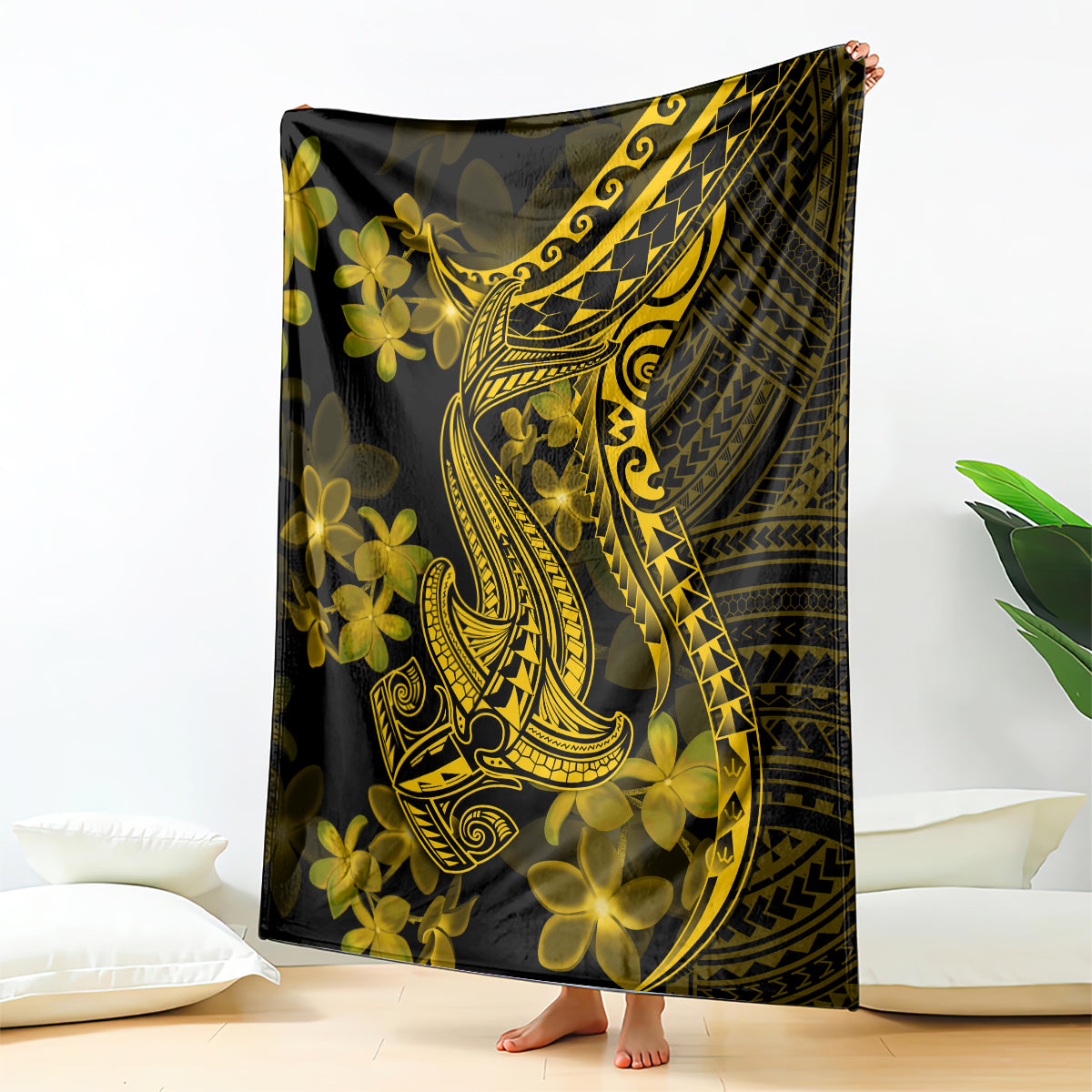 Black fleece blanket with gold Polynesian shark design and plumeria flowers