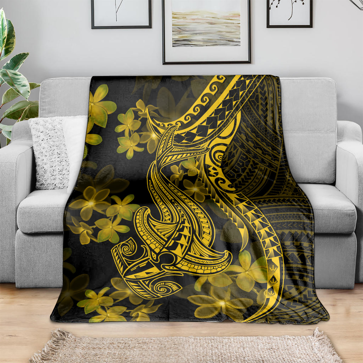 Black and gold Polynesian shark tattoo blanket with large plumeria flower print