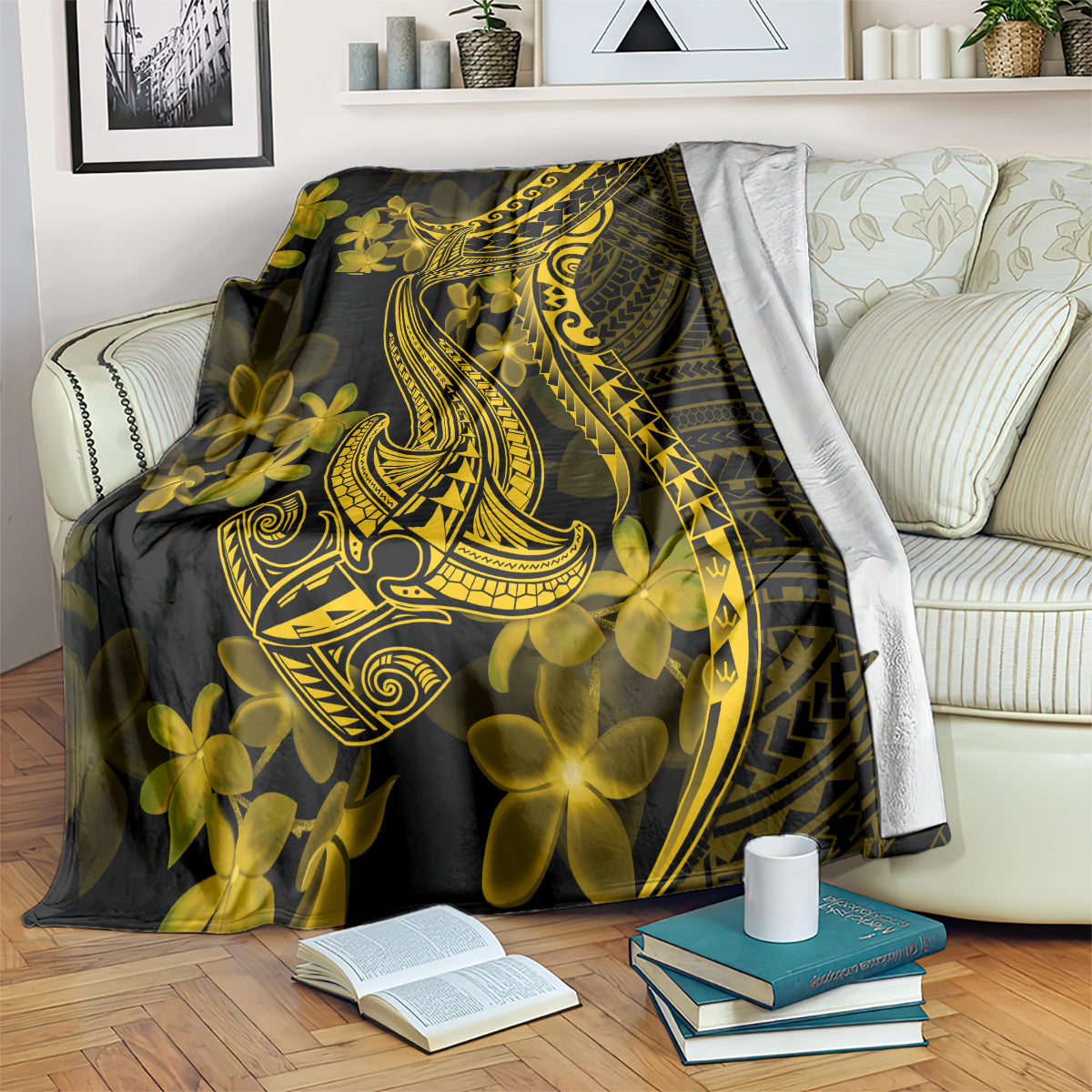 Black and gold Polynesian shark blanket with plumeria flower print and curved motif