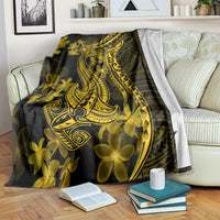 Black and gold Polynesian shark blanket with plumeria flower print and curved motif