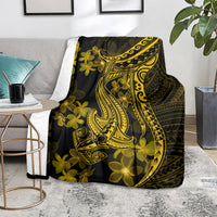 Black blanket with gold Polynesian shark tattoo and plumeria flower design