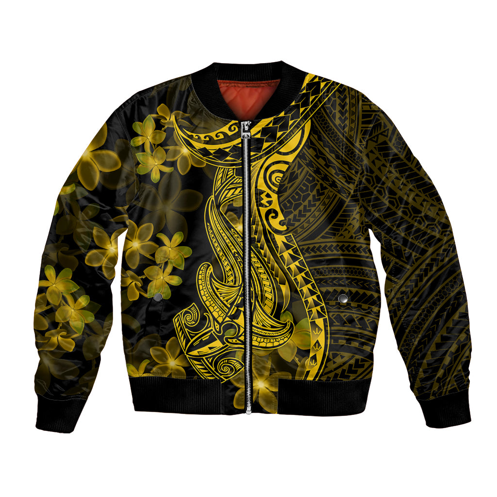 Gold and black bomber jacket with Polynesian shark tattoo and plumeria flower print