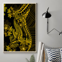 Gold Polynesian shark tattoo canvas wall art with plumeria flowers, black-framed