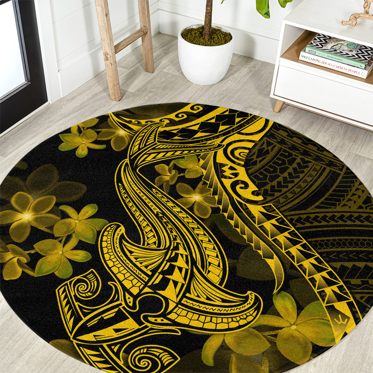 Round black carpet rug with gold Polynesian shark tattoo and plumeria flower design