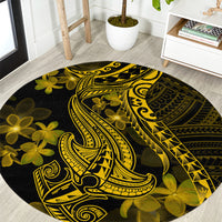 Round black carpet rug with gold Polynesian shark tattoo and plumeria flower design