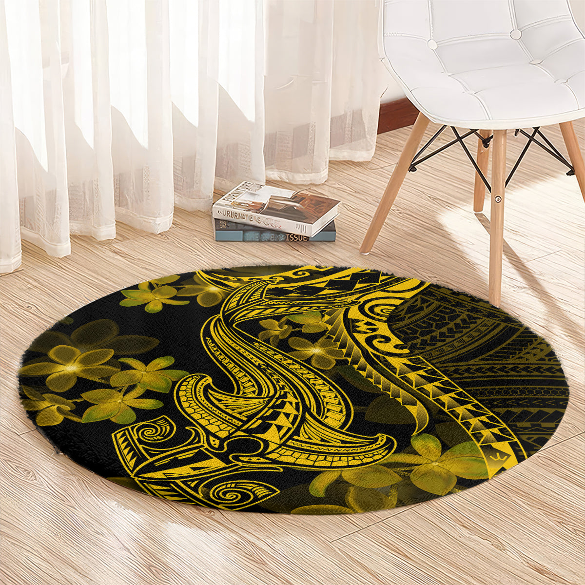 Round black rug with gold Polynesian shark tattoo and plumeria flowers, curved edge