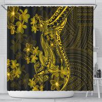 Gold and dark shower curtain with central Polynesian shark tattoo and flower ornaments