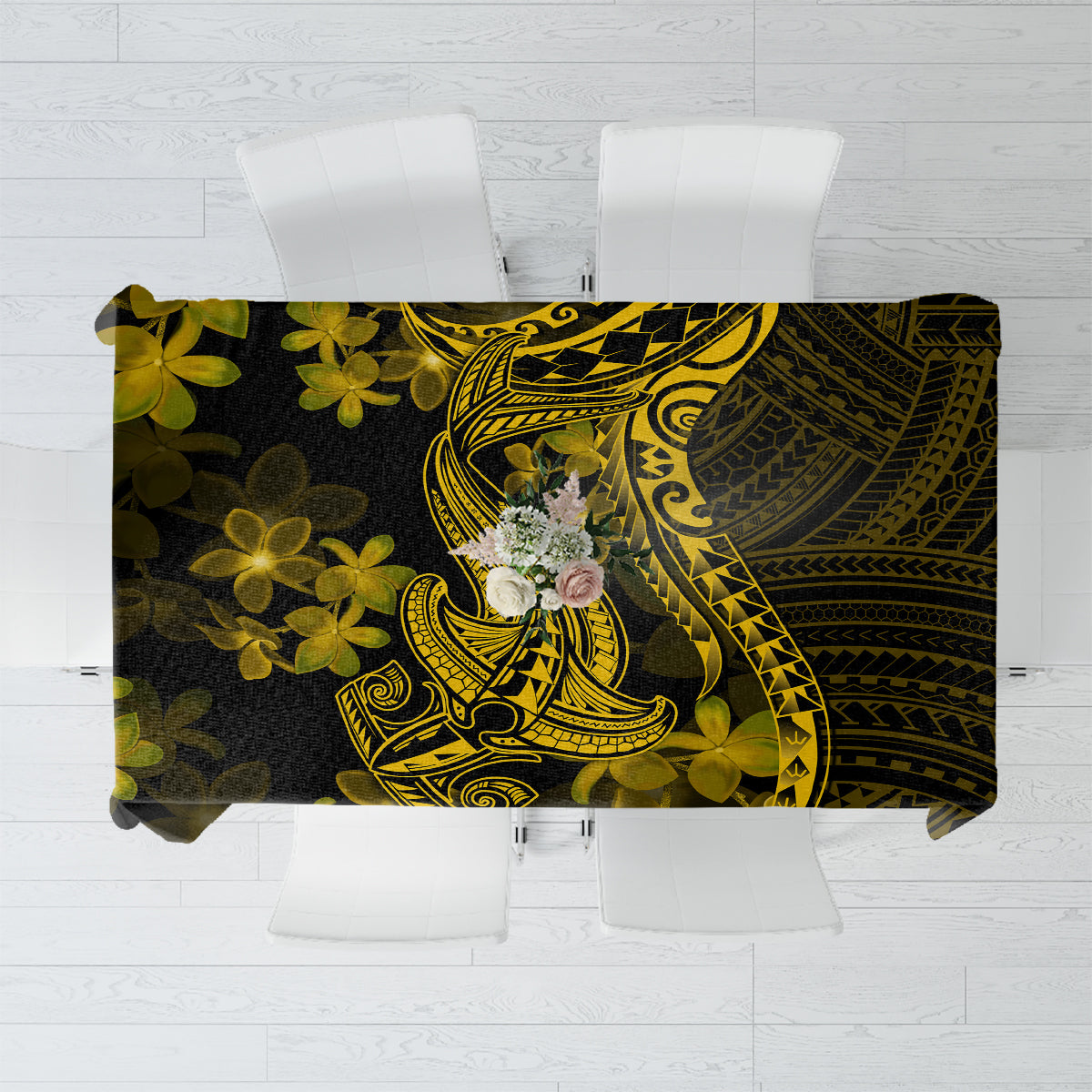 Dark tablecloth with gold Polynesian shark and plumeria flower tribal pattern