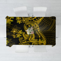 Dark tablecloth with gold Polynesian shark and plumeria flower tribal pattern