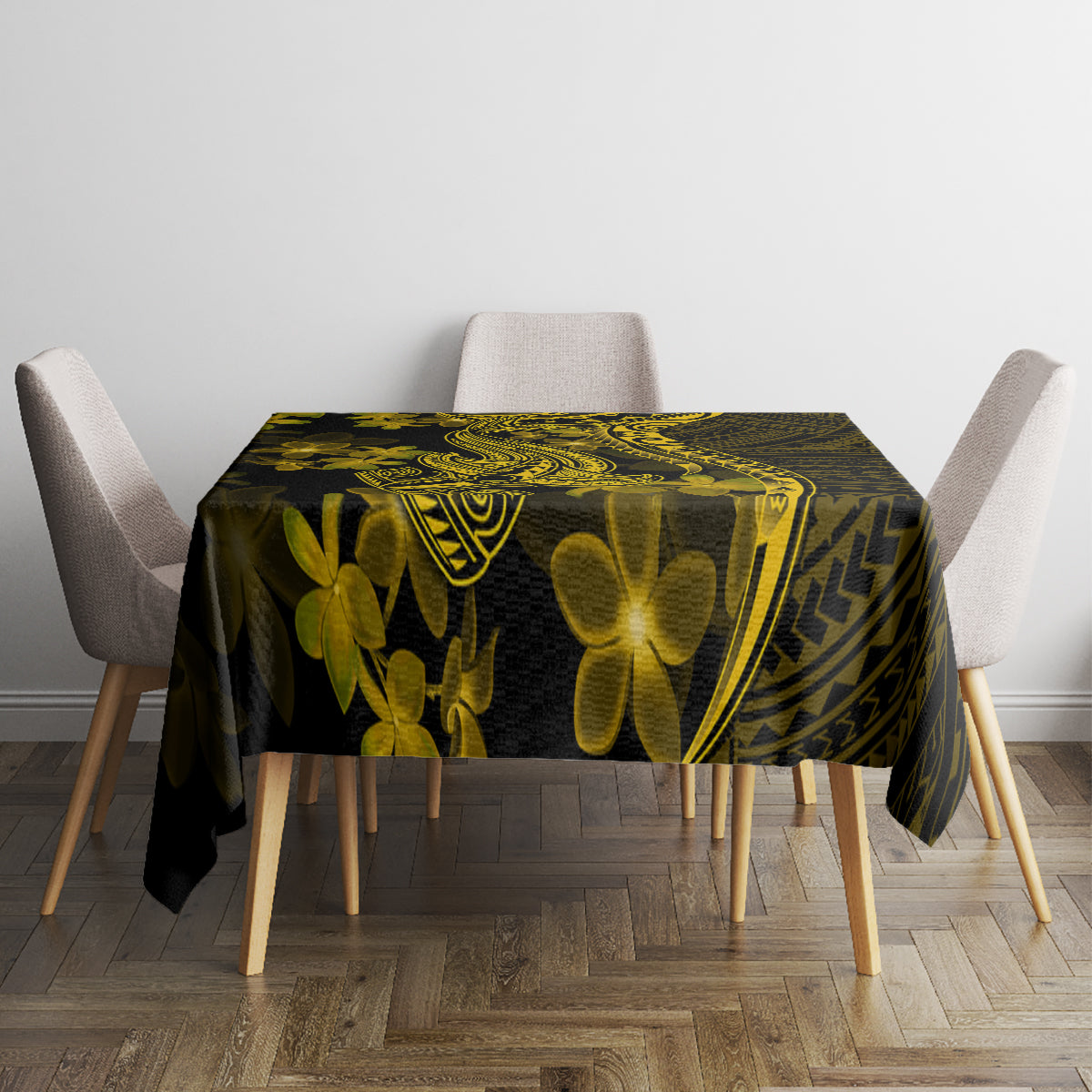 Dark tablecloth with gold plumeria flowers and geometric Polynesian tribal pattern