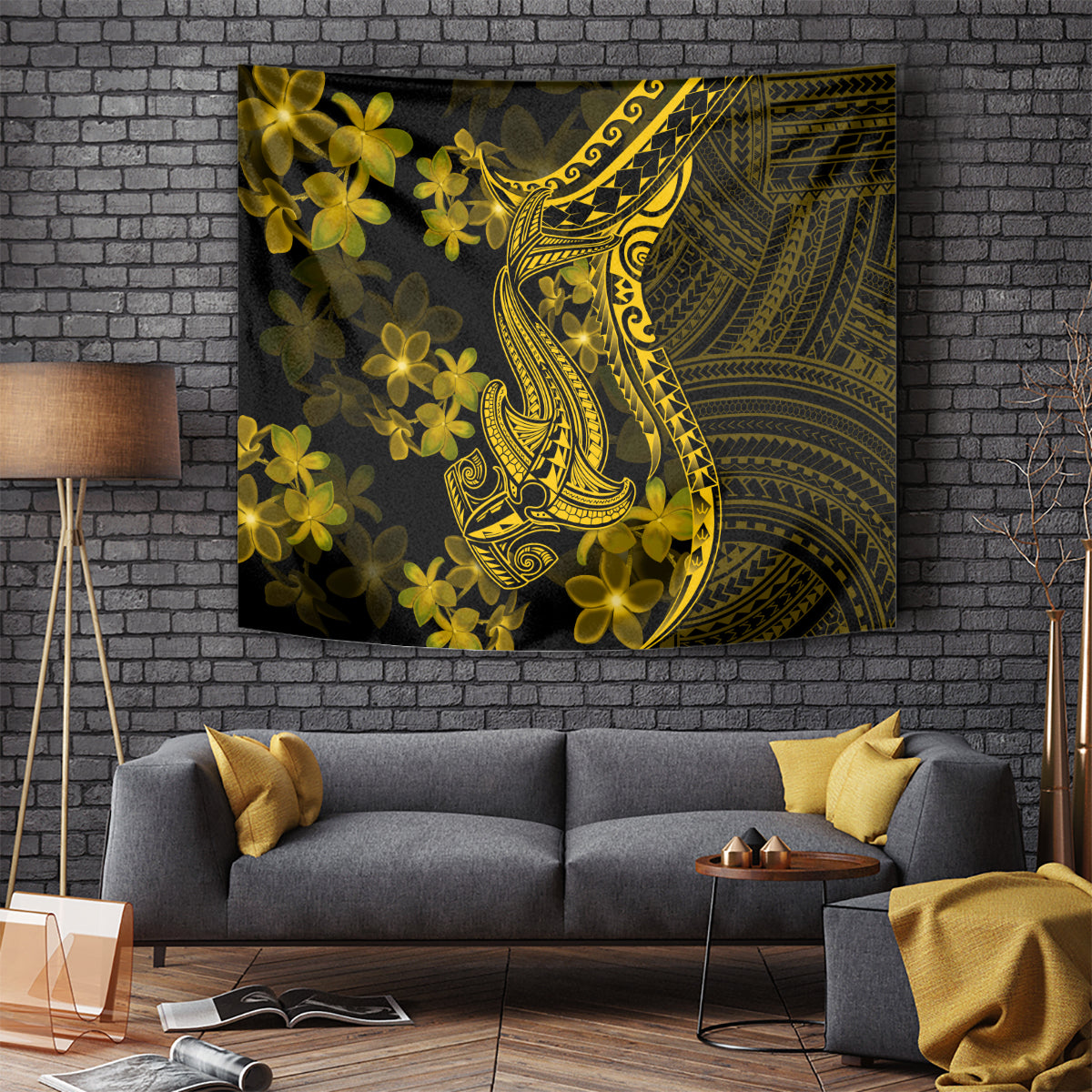Gold Polynesian shark tattoo tapestry with yellow plumeria and tribal pattern details