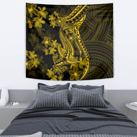 Gold shark tattoo tapestry with plumeria flowers and ornate Polynesian tribal designs