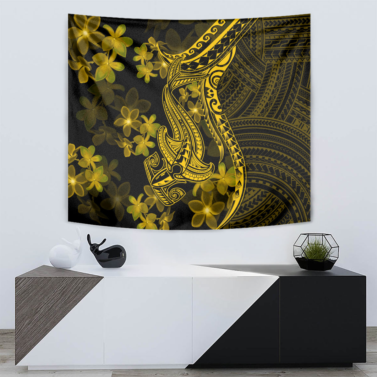 Gold Polynesian shark tattoo wall tapestry with yellow flower motif and tribal scrollwork