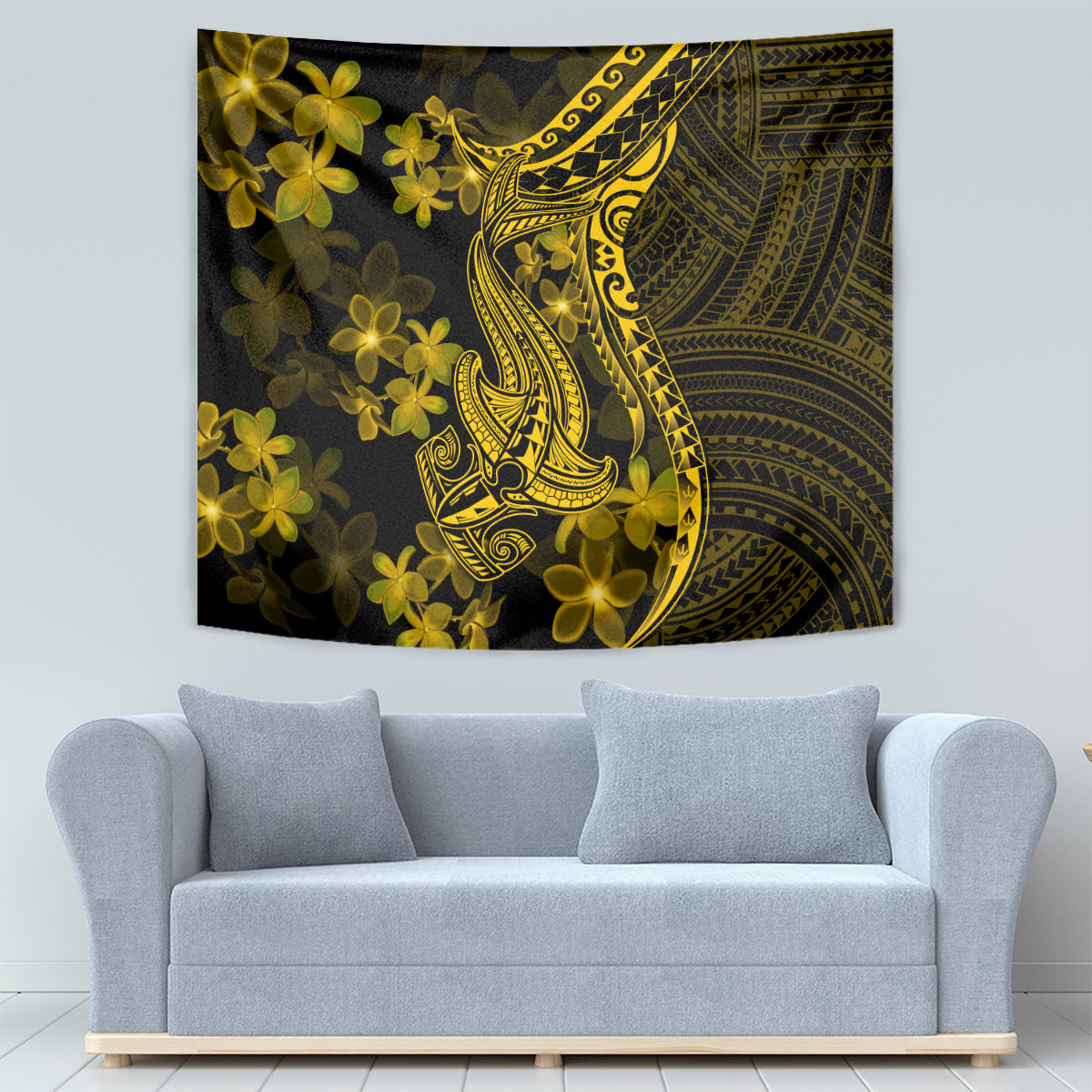 Gold Polynesian shark tattoo tapestry with yellow plumeria blossoms and patterned edge