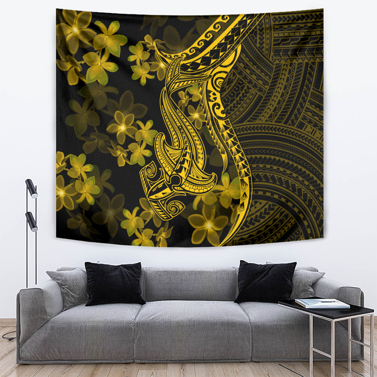 Gold shark tattoo tapestry featuring plumeria flowers and bold Polynesian ornamental lines