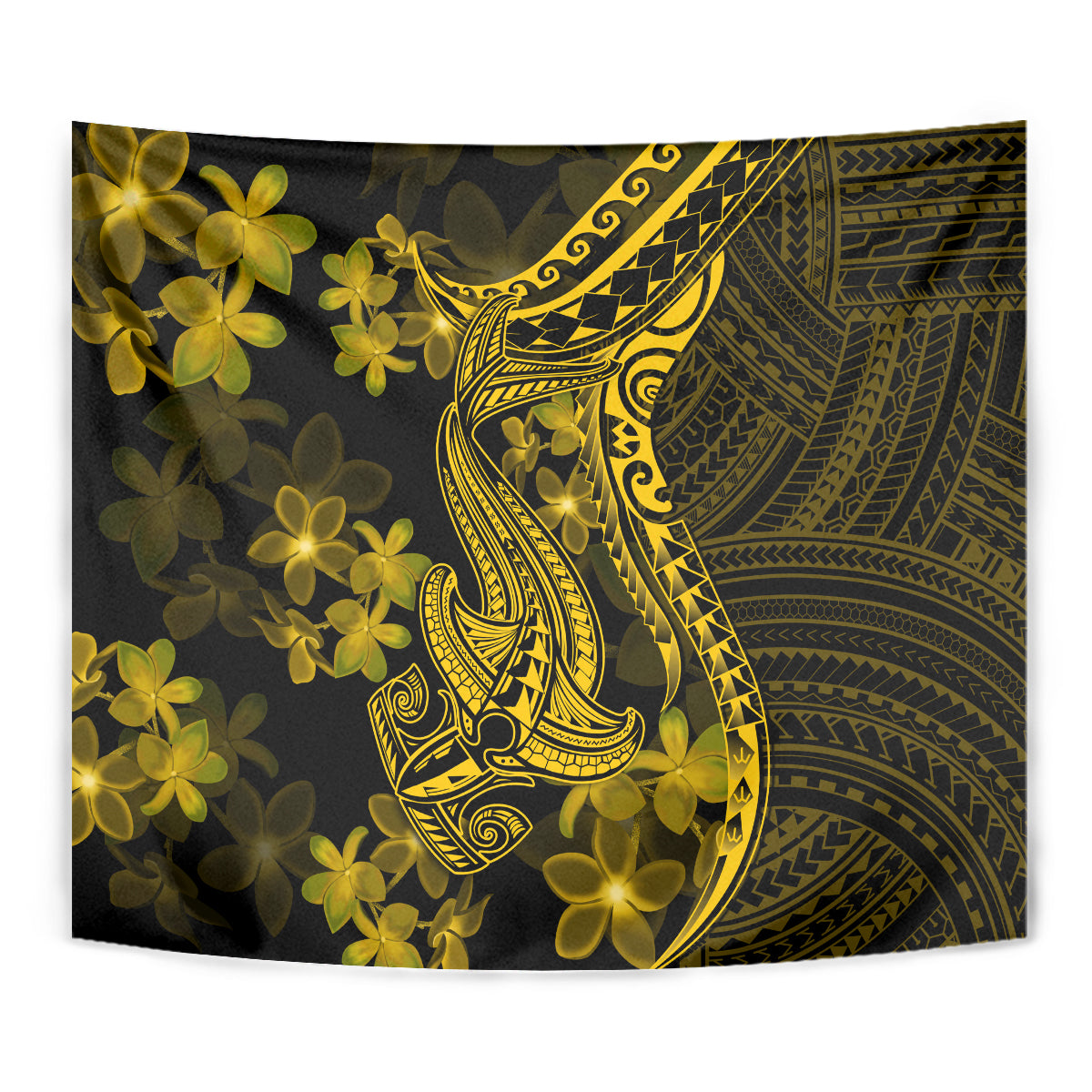 Gold Polynesian shark tattoo tapestry with yellow flower cluster and tribal geometric design