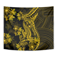 Gold Polynesian shark tattoo tapestry with yellow flower cluster and tribal geometric design
