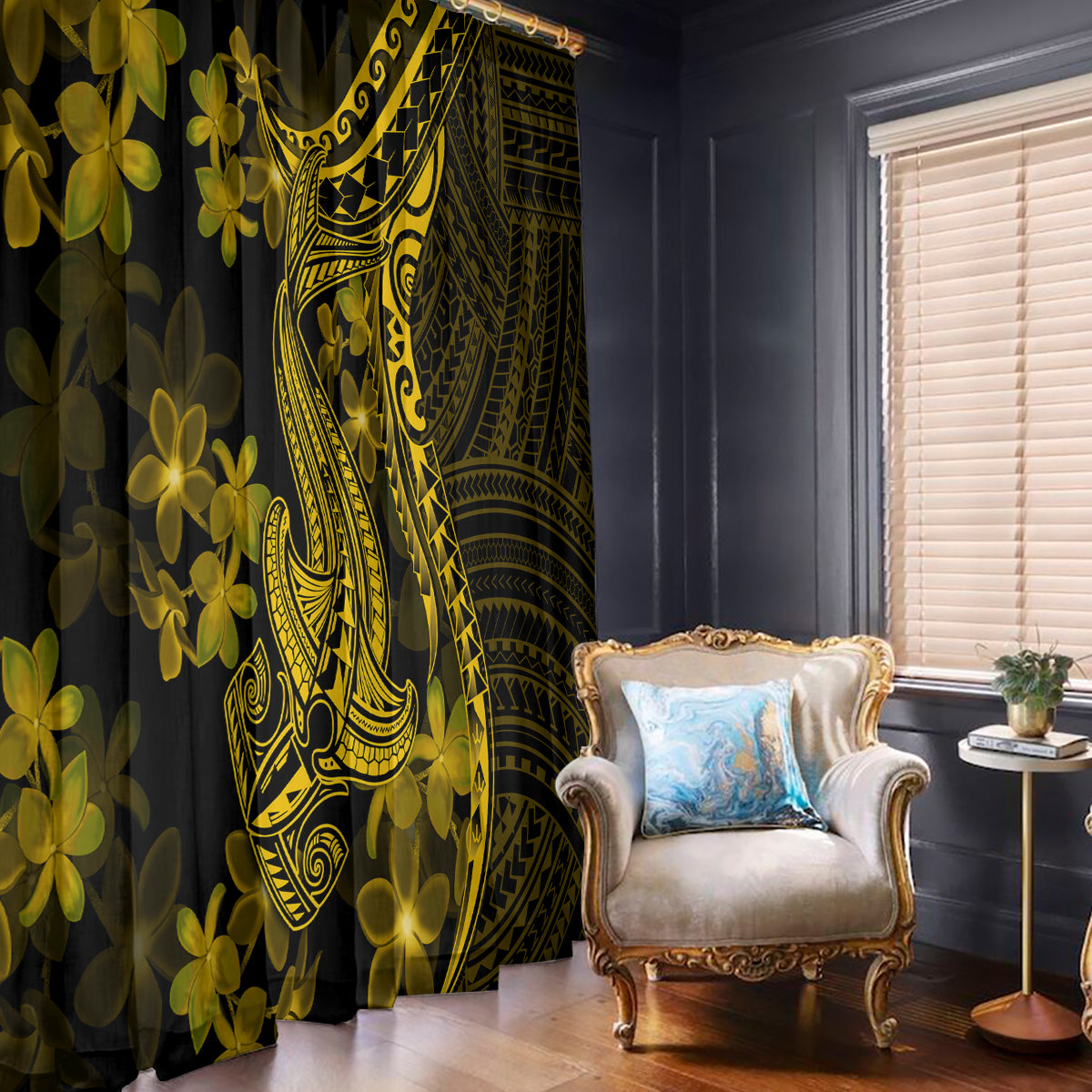 Polynesian-style curtain panels, dark with gold shark and plumeria motifs