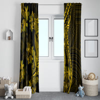 Pair of dark and gold window curtains with plumeria flowers and tribal shark design
