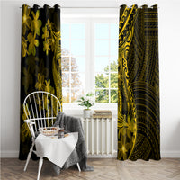 Dark and gold Polynesian-style curtain panels with plumeria flowers and shark art
