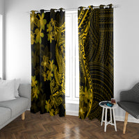 Dark window curtain panels with gold plumeria flowers and ornate tribal shark graphics