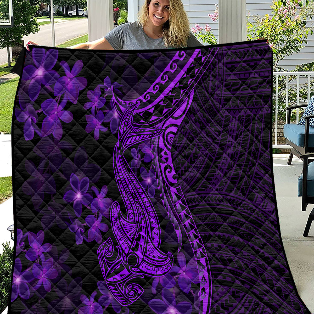 purple-polynesia-shark-tattoo-quilt-with-polynesian-plumeria