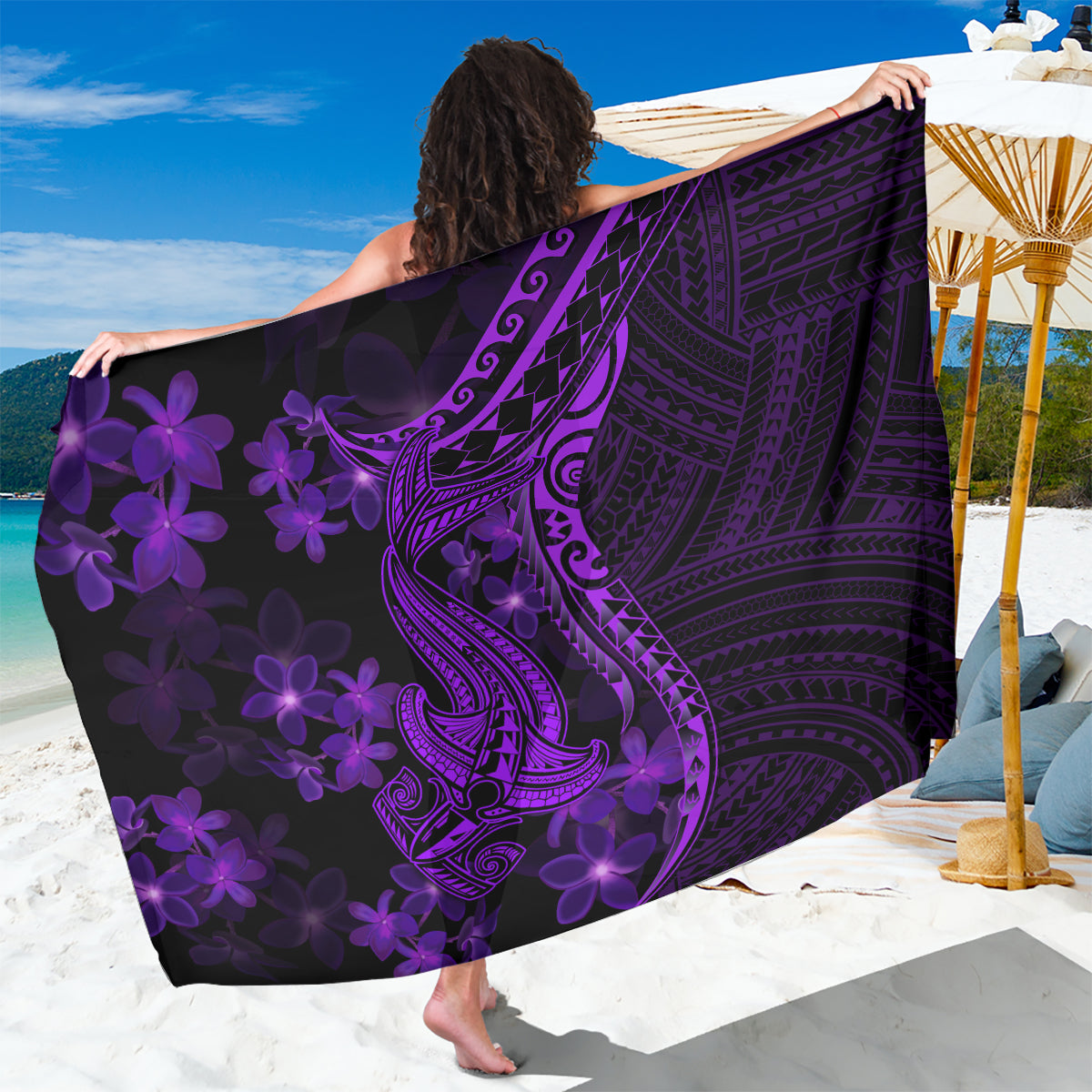 Purple polynesian tattoo sarong with floral and shark-inspired graphic