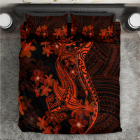 Polynesian bedding set: black-red plumeria flowers with stylized shark tattoo artwork