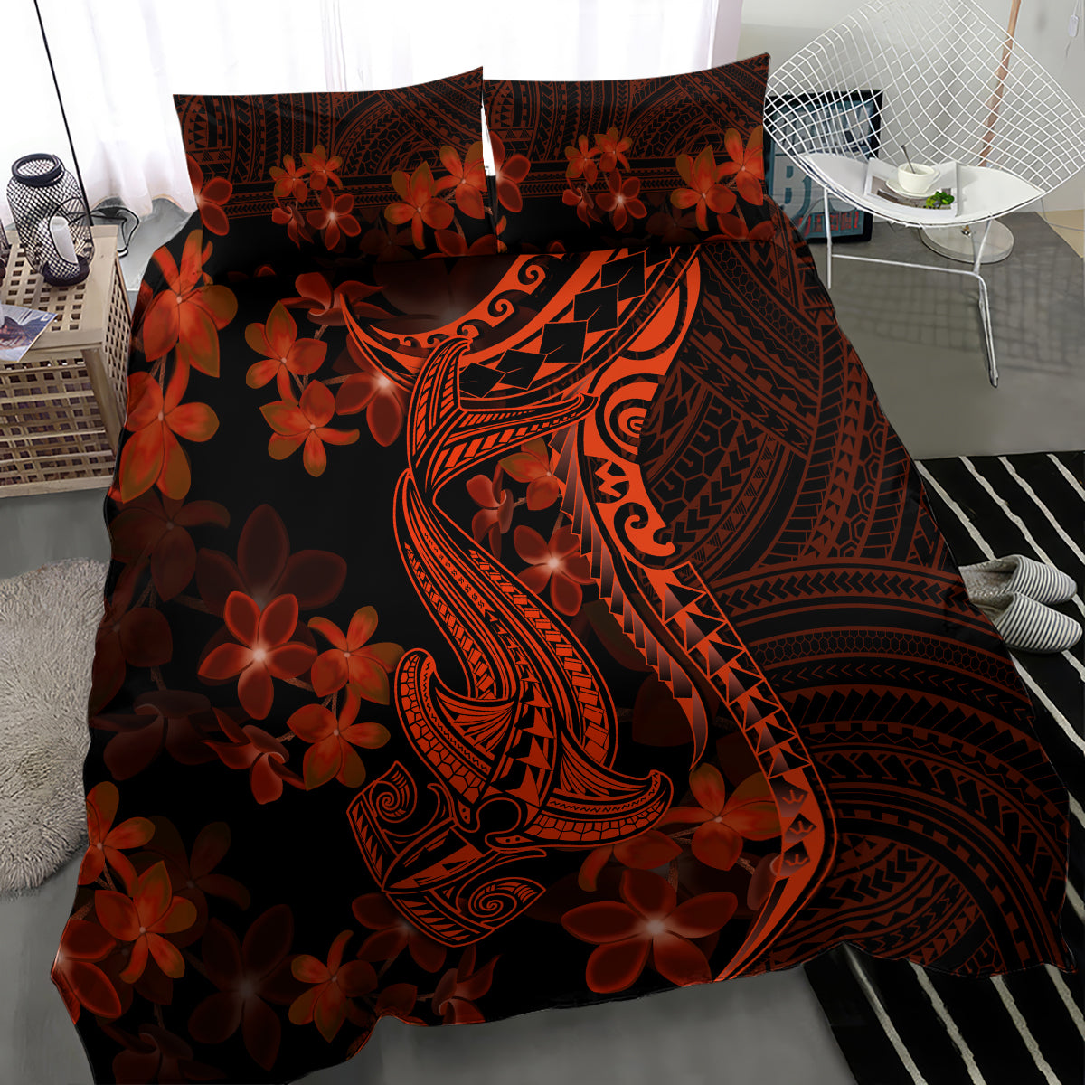 Polynesian bedding set with bold orange plumeria flowers and central stylized shark tattoo