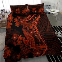 Polynesian bedding set with bold orange plumeria flowers and central stylized shark tattoo