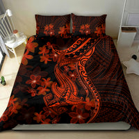 Polynesian bedding set with black background, red plumeria blooms, and sweeping shark tattoo