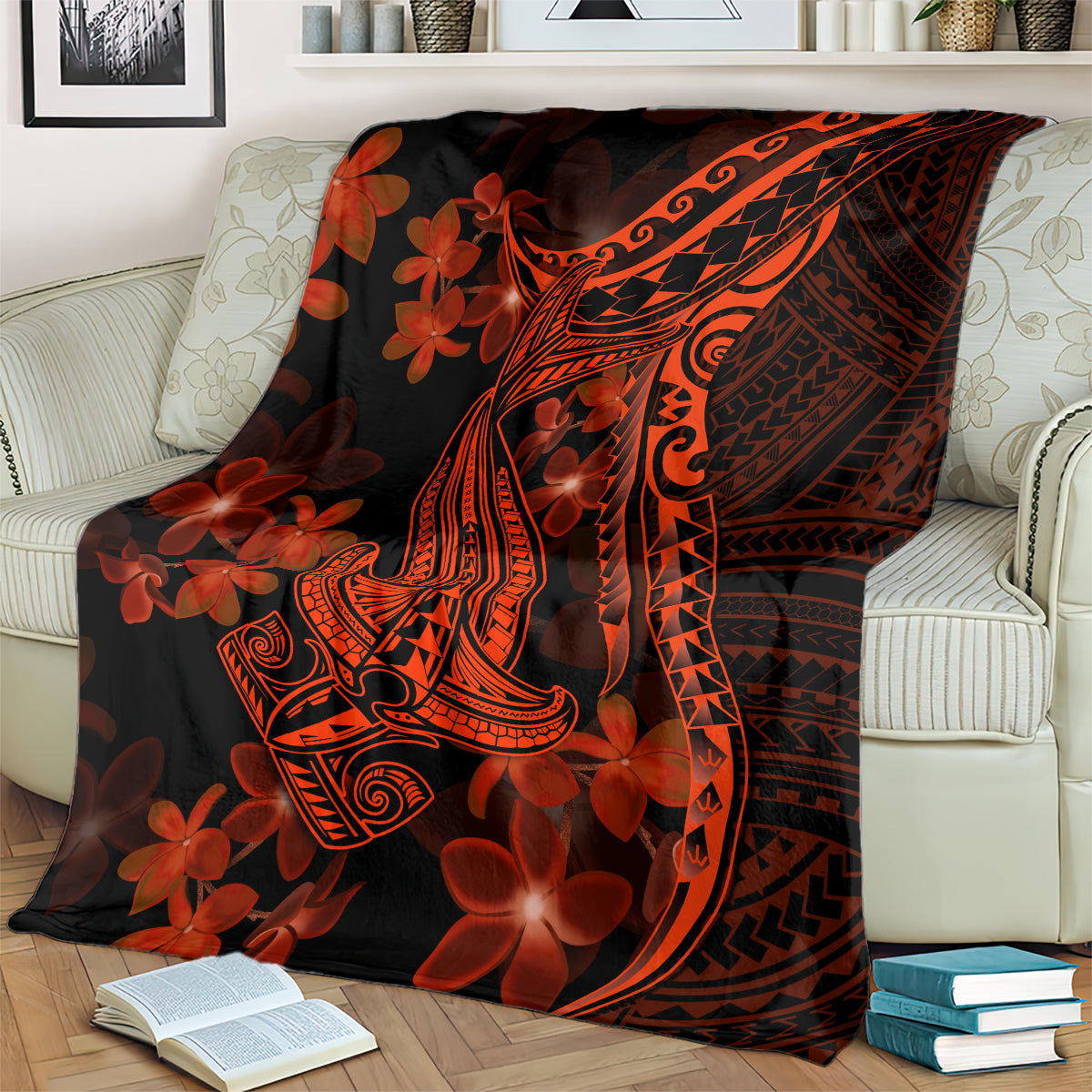 Polynesian shark tattoo blanket with red-orange plumeria flowers on a dark base