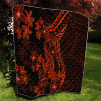 Quilt blanket outdoors: black with orange tribal shark tattoo and red flower motifs