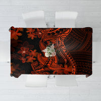 Polynesian tablecloth with dark black and red tribal shark and plumeria floral print