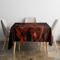 Polynesian tablecloth on square table, dark black and red tribal shark with flower motifs