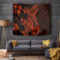 Red and black shark tattoo tapestry with orange Polynesian patterns and plumeria flowers
