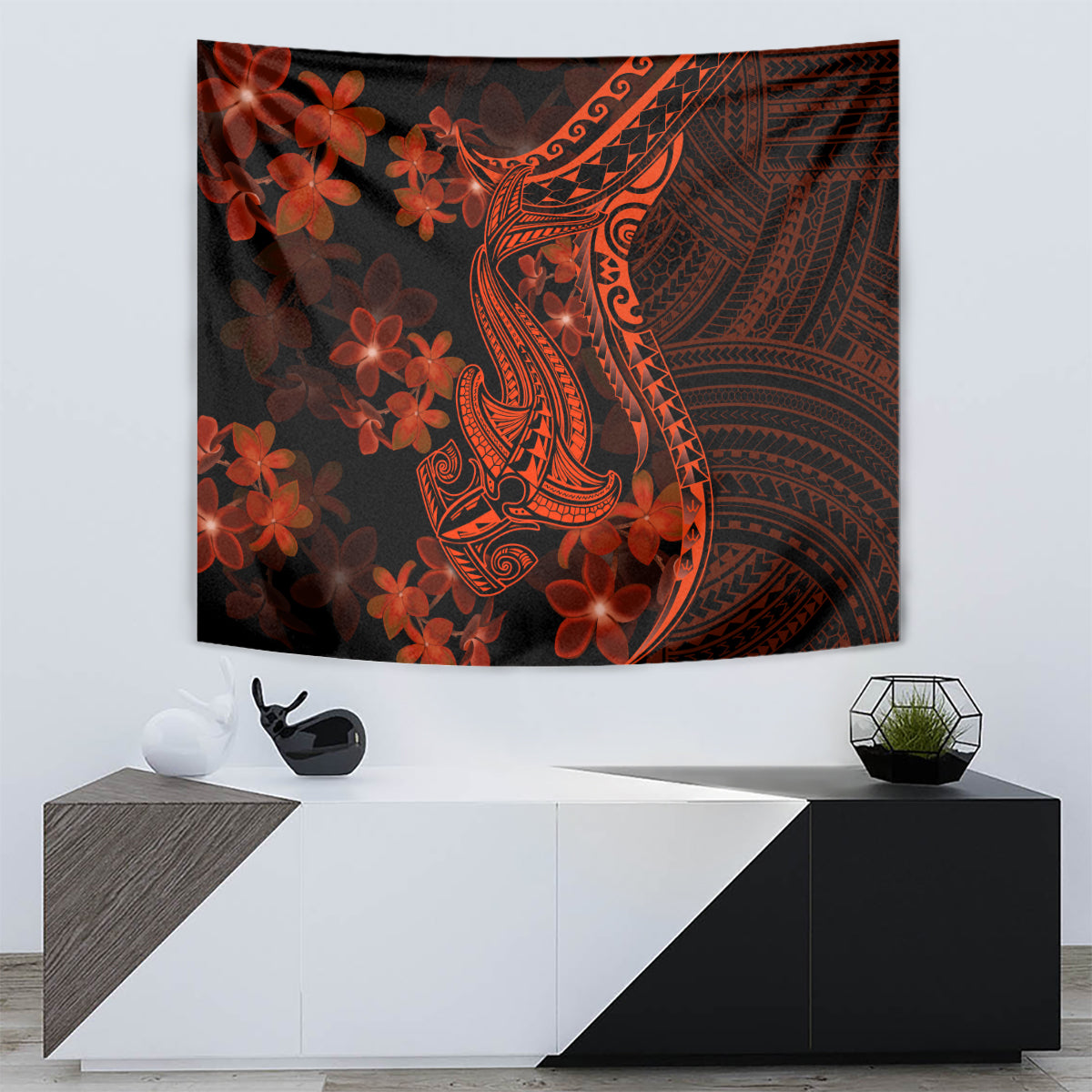 Red and black Polynesian shark tattoo wall tapestry with orange plumeria flower details