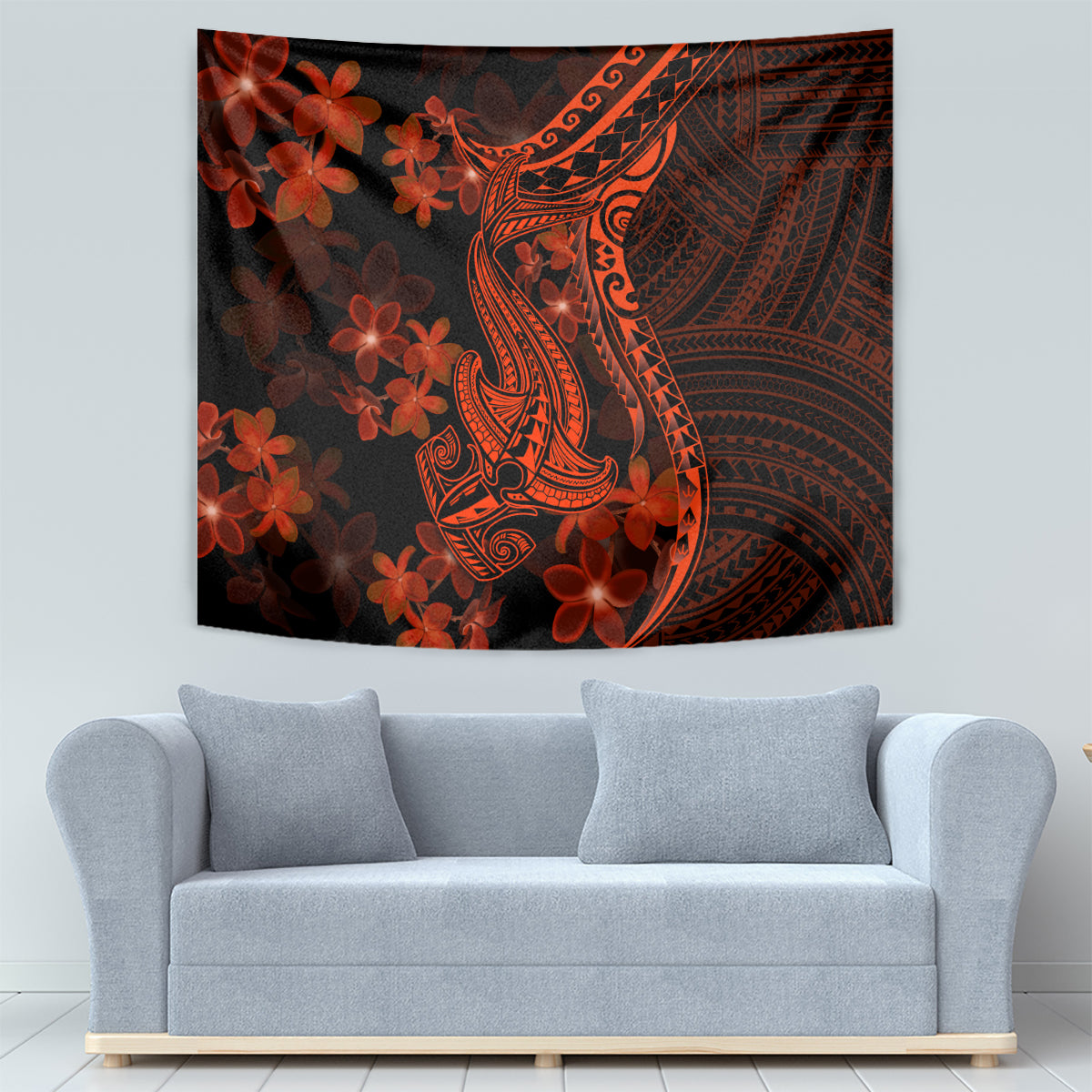 Red and black shark tattoo tapestry with orange Polynesian patterns and plumeria blossoms