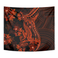Red and black shark tattoo tapestry close-up with orange Polynesian patterns and plumeria