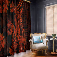 Polynesian-style red shark tattoo and flower window curtain panels, hanging with bold patterns.