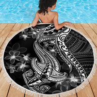 Black round beach blanket, fringed edge, Polynesian shark tattoo with flower prints