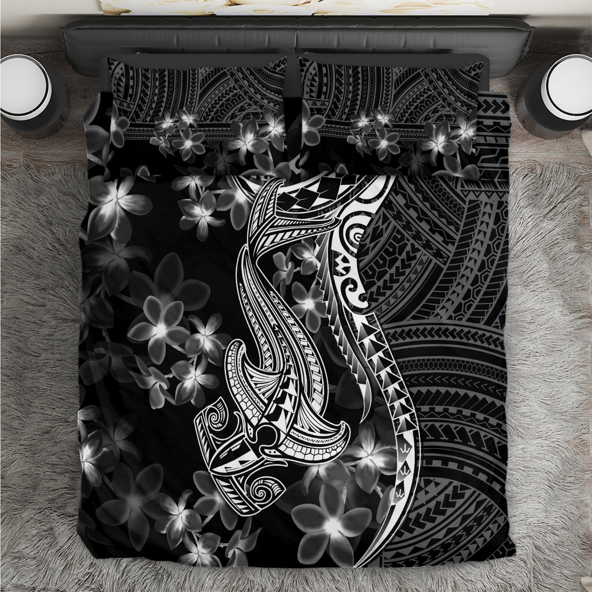 Black bedding set duvet cover with shark tattoo and Polynesian floral pattern, front design