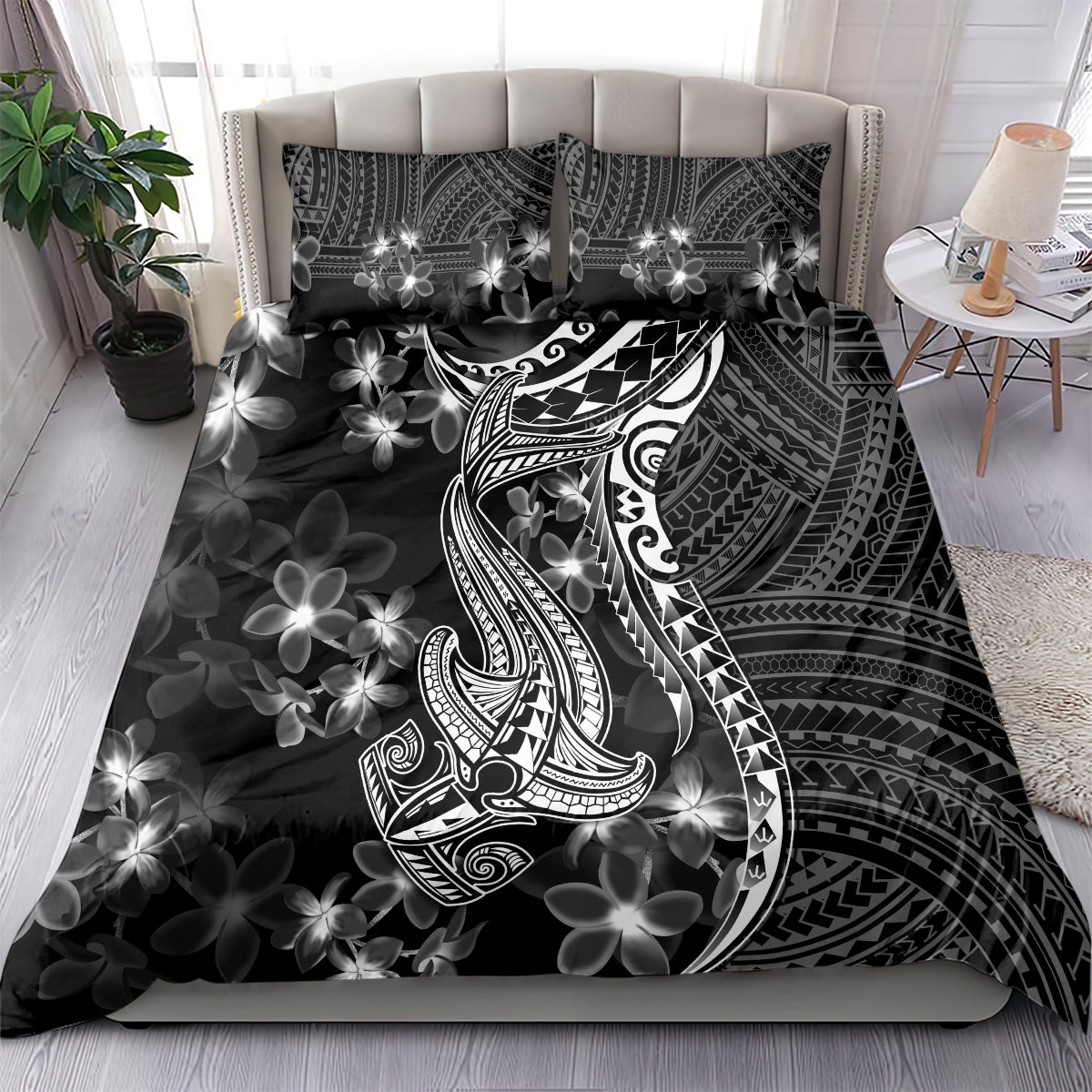 Black bedding set duvet cover with shark tattoo and plumeria flower motif, full bed view