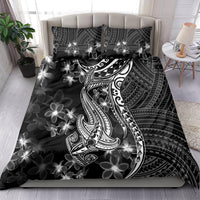 Black bedding set duvet cover with shark tattoo and plumeria flower motif, full bed view