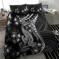 Black bedding set duvet cover with shark tattoo and Polynesian tribal stripes, angled view