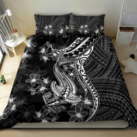 Black bedding set duvet cover with shark tattoo and Polynesian plumeria flowers, wide shot