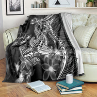 Black shark tattoo blanket with white Polynesian patterns and plumeria flower accents