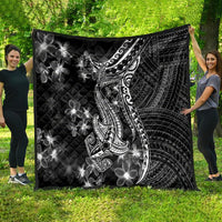 Black quilt blanket with white shark tattoo, plumeria flowers, and quilted diamond stitching